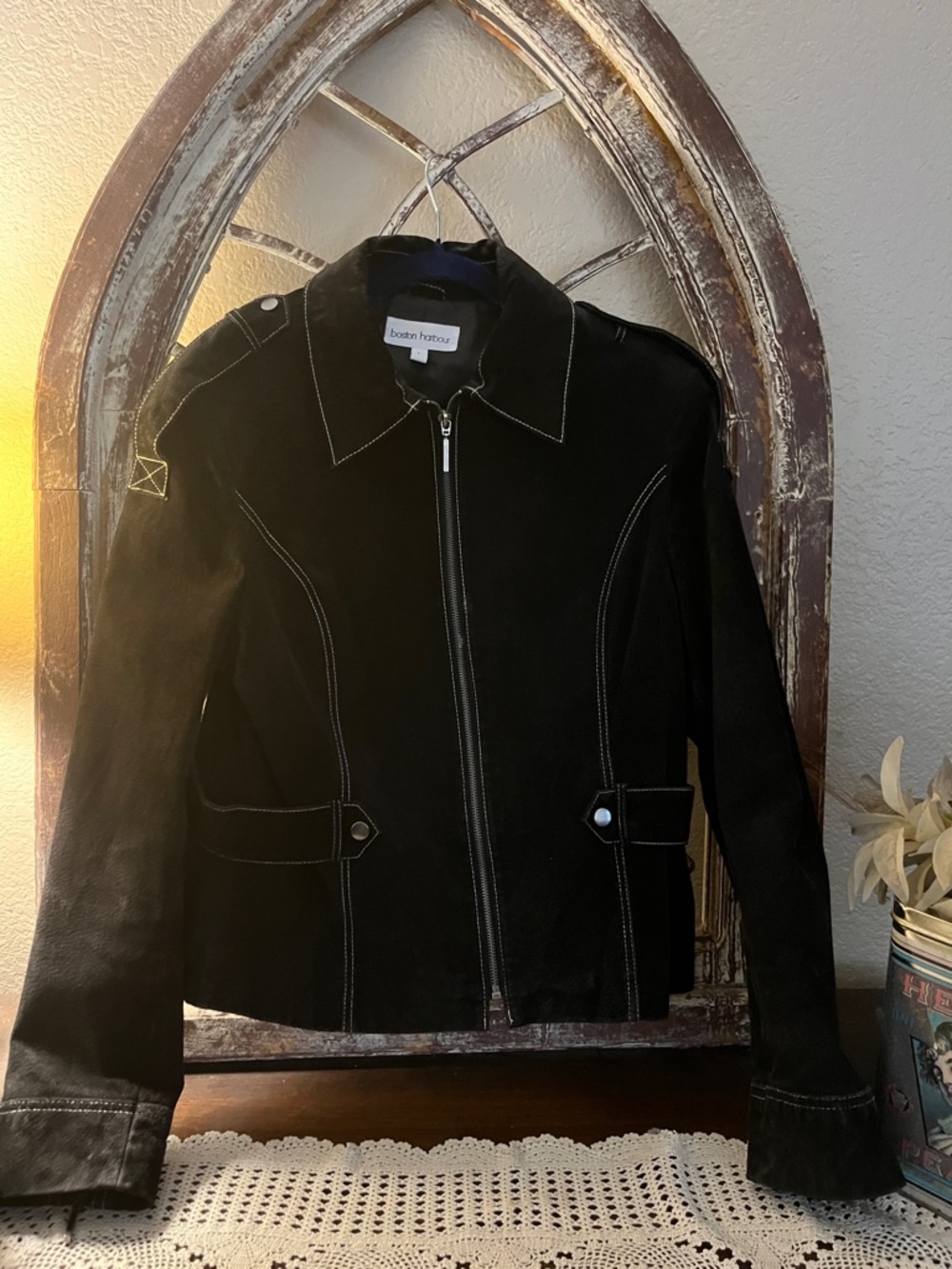 boston harbour Black Suede Zip-Front Jacket with Contrast Stitching Size Large